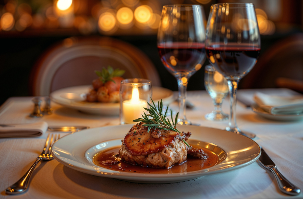 A plated cooked meat dish with sauce and a rosemary garnish on a dining table, with wine glasses, a candle, and another plate in a softly lit restaurant setting.